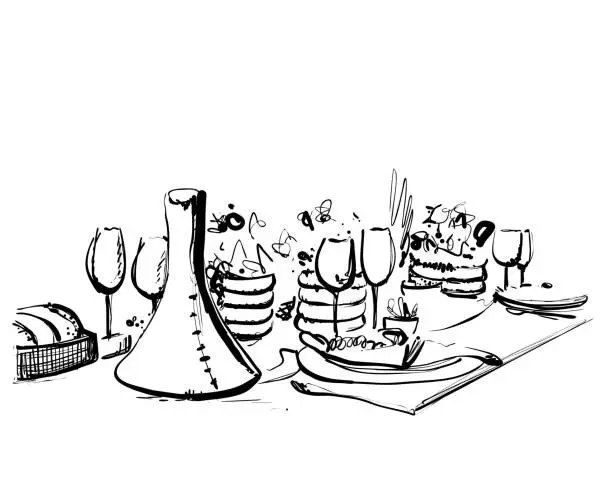 Vector illustration of Hand Drawn dinner dishware. Romantic. Food and drink sketch
