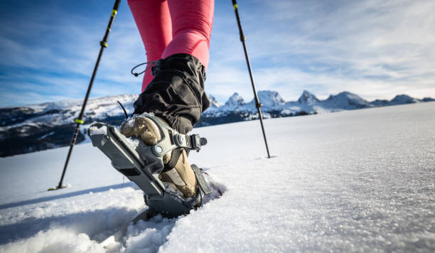 jovem snowshoeing em montanhas altas - snowshoeing snowshoe women shoe - fotografias e filmes do acervo