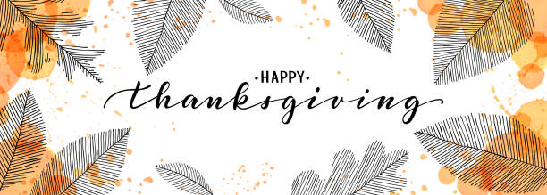 glückliche thanksgiving pinsel stift schriftzug. aquarell spritzer und lineare blätter hintergrund. design urlaub grußkarte und einladung der saisonalen amerikanischen und kanadischen herbsturlaub - autumn backgrounds leaf thanksgiving stock-grafiken, -clipart, -cartoons und -symbole