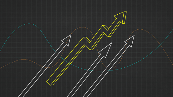 Financial Graph With Uptrend Line and Arrows in Stock Market Chalk Drawing Blackboard