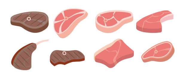 ilustrações de stock, clip art, desenhos animados e ícones de cartoon beef steaks. steak icons used for cooking steak and roast - t-bone, rib eye, porterhouse, tomahawk, filet mignon - steak grilled barbecue grill t bone steak