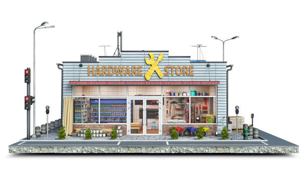 istock Front view on a hardware store building on a piece of ground, 3d illustration 1284906037