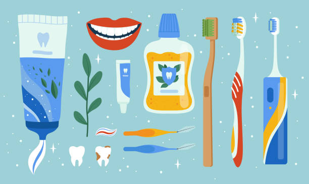 치과 액세서리. 구강 치과 위생 항목 구강 브러쉬 사과 청소 도구 치아 벡터 세트 - toothbrush stock illustrations