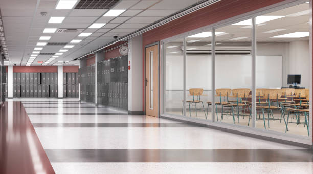 istock Long school corridor with grey lockers , 3d illustration 1284906069