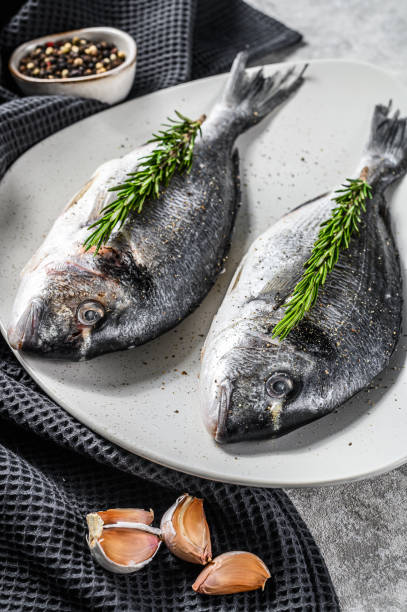 istock Fresh sea bream fish ready for cooking. Gray background. top view. 1284906144