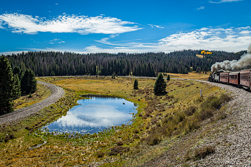 Rocky Mountains, NM / USA - September 28, 2016: Cumbres and Toltec passenger steam train scenery and views as it makes its way from Chama, New Mexico to Antonito, Colorado.