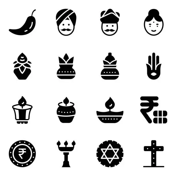 Vector illustration of Set of Indian People and Festivals Solid Icons
