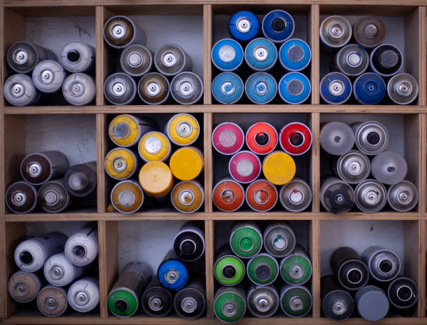 istock cans of paint are stacked on a shelf. 1284907754