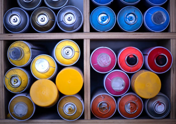 istock cans of paint are stacked on a shelf. 1284907755