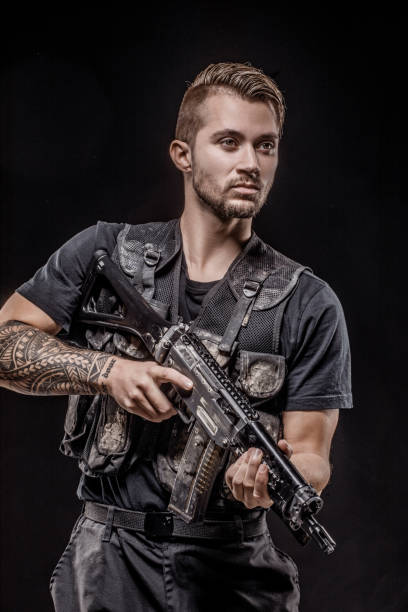 istock Modern urban warfare military Soldier in studio shoot 1284908154