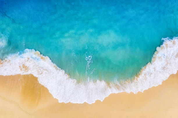 istock Beach and large ocean waves. Coast as a background from top view. Blue water background from drone. Summer seascape from air. Travel image 1284908425