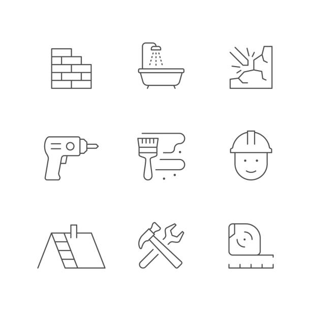 ilustraciones, imágenes clip art, dibujos animados e iconos de stock de establecer iconos de línea de reparación de la casa - interface icons hammer home interior house