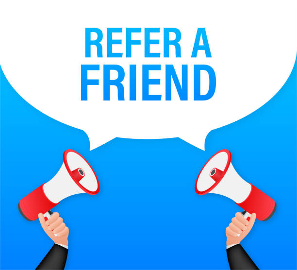 istock Hand holding megaphone, refer a friend. Vector stock illustration 1284912555