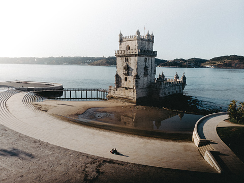 Aerial view of the exterior of the Belem Tower, a 16th century fortification and a UNESCO World Heritage Site, Lisbon, Portugal