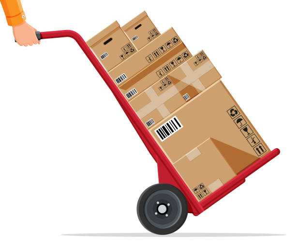 Barrow full of boxes isolated on white. Barrow full of boxes isolated on white. Metallic wheeled trolley with cardboard box. Delivery service and logistics. Hand truck dolly icon. Transportation warehouse. Cartoon flat vector illustration mover delivery person box hand truck stock illustrations