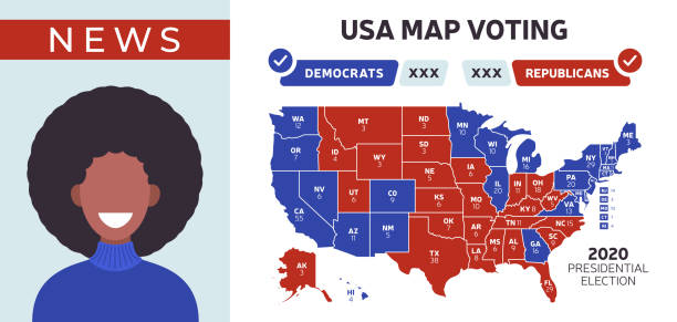 ilustraciones, imágenes clip art, dibujos animados e iconos de stock de mapa de resultados de las elecciones presidenciales de ee. uu. presentadora de noticias femenina, noticias de última hora. las elecciones presidenciales mapan cada voto electoral estatal estadounidense mostrando a republicanos o demócratas. ilustración  - map usa election cartography