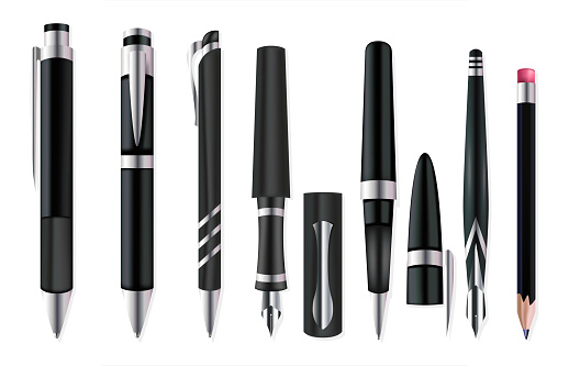 Realistic Detailed 3d Pens and Pencils Set Equipment for Office, School and Art. Vector illustration of Stationery