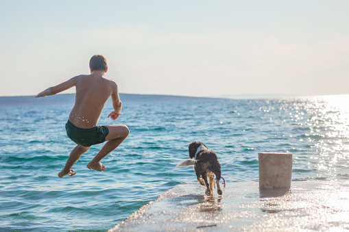 Rear view of a teenage boy on summer vacations jumping into the water and a dog standing on seashore