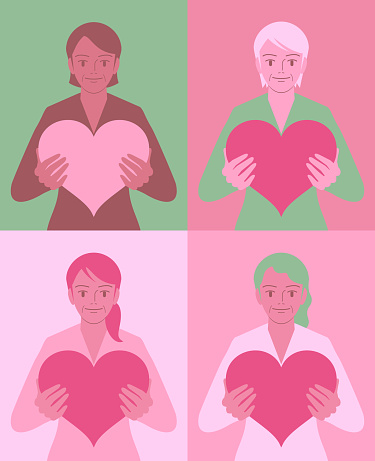 Beautiful elder multi-ethnic group women holding a love heart sign.
Concept about: I Love Me, Love Myself, Self Care. Romantic flat vector.