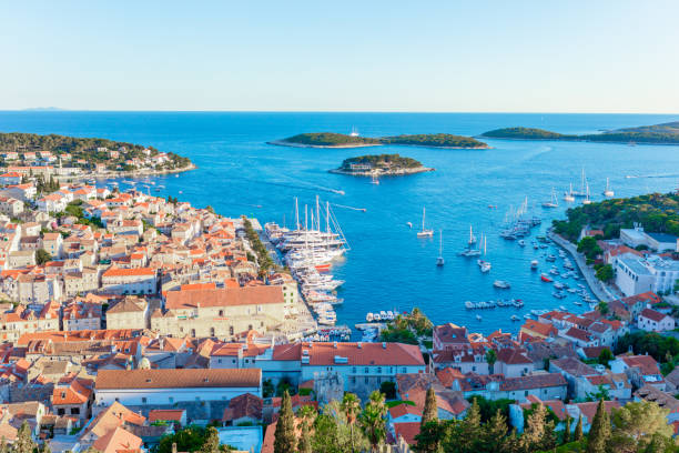 istock High angle view of town harbor 1284916692