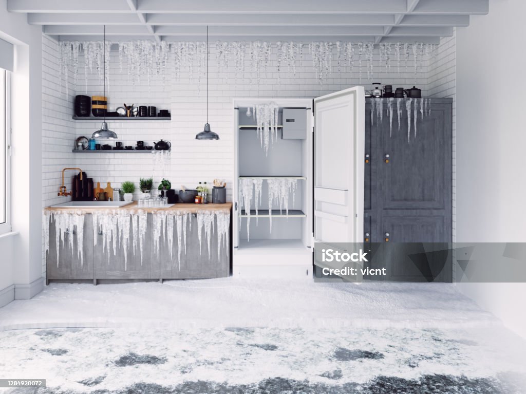Open door fridge  and frosen kitchen Open door fridge  and frosen kitchen interior. 3d  conceptual illustration Frozen Stock Photo