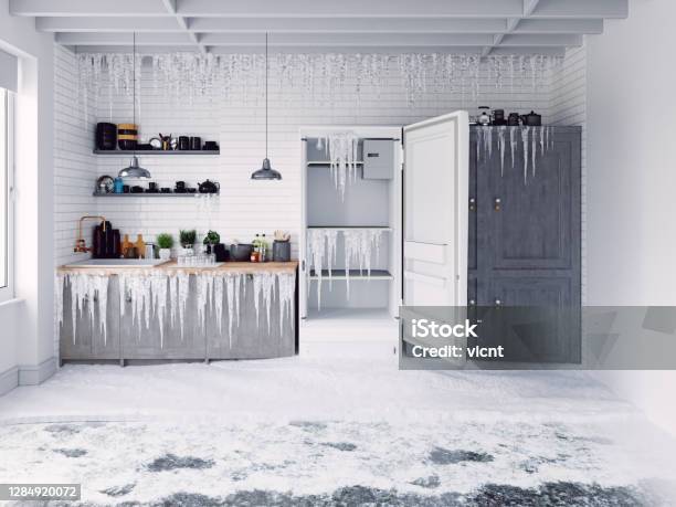 Open Door Fridge And Frosen Kitchen Stock Photo - Download Image Now - Frozen, Freezer, House