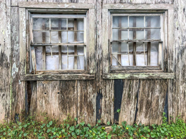 wyblakłe okna na starej drewnianej szopie - mullions zdjęcia i obrazy z banku zdjęć