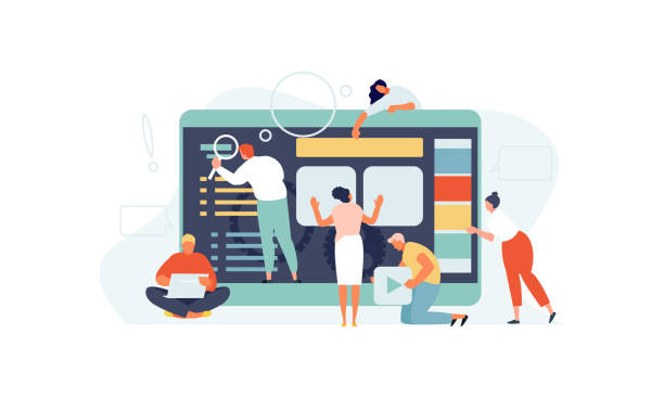 Web development team agency vector Team of people website development. Seo specialist, designers, programmers and content manager vector illustration customized data stock illustrations