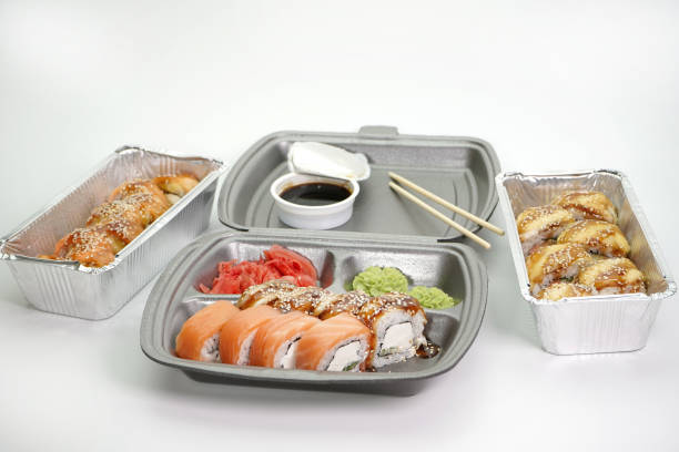 istock Japanese roll delivery service on an isolated white background 1284921403