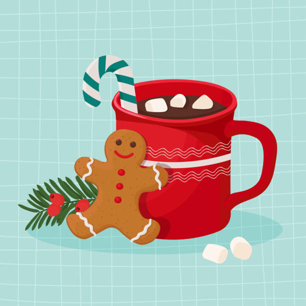 Hot chocolate with marshmallow and gingerbread cookie. Vector illustration in hand drawn doodle style. Winter, Christmas card template Vector illustration in hand drawn doodle style. gingerbread man stock illustrations