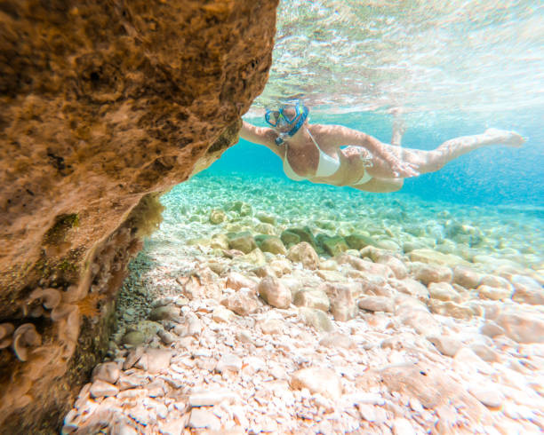 istock Woman snorkeling in sea 1284922770