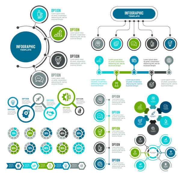 illustrazioni stock, clip art, cartoni animati e icone di tendenza di insieme di elementi infografici - flowchart flowing flow chart diagram