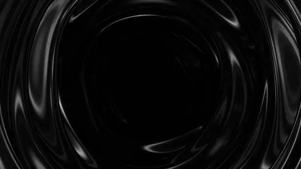 Dark surface with reflections. Smooth minimal black waves background. Blurry silk waves tunnel. Minimal soft grayscale ripples flow. 3D Render Illustration.