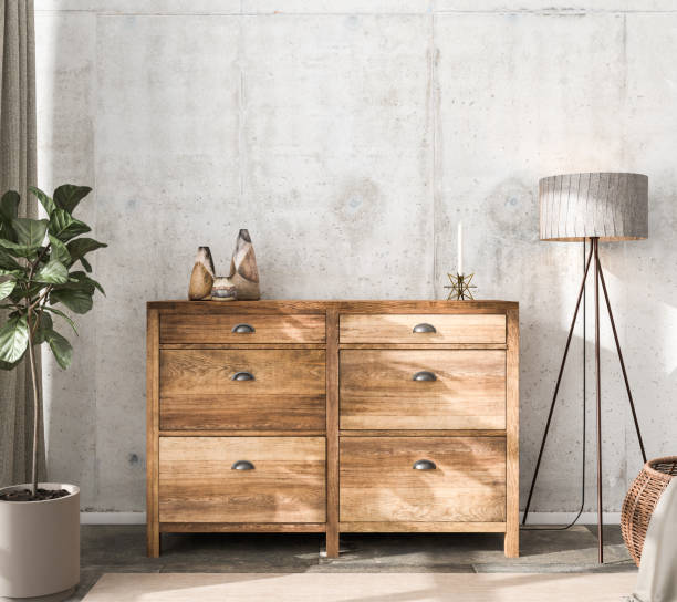 innenszene mockup: holz sideboard mit vasen und eine kerze auf der oberseite. stehlampe und feigenbaum, vorhang und rattankorb mit decke an den seiten. leere betonwand. 3d-rendern - anrichte stock-fotos und bilder