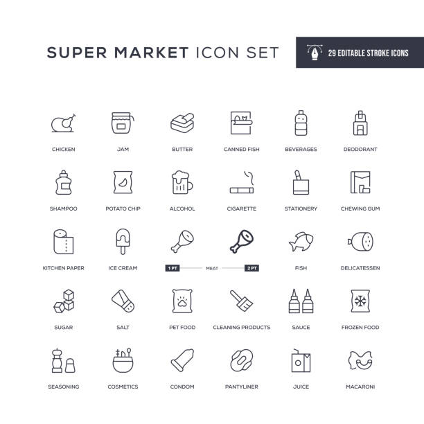 Super Market Editable Stroke Line Icons 29 Super Market Icons - Super Market icon set is prepared by creating the icons of the most common "Super Market" categories on the web. This icon set can be used on e-commerce web pages, web apps, mobil apps, print works, and other related platforms. - Editable Stroke - Easy to edit and customize - You can easily customize the stroke weight buying liquor stock illustrations