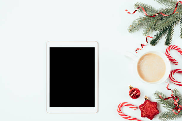 istock Flat lay Christmas online shopping, tablet with blank screen 1284926157