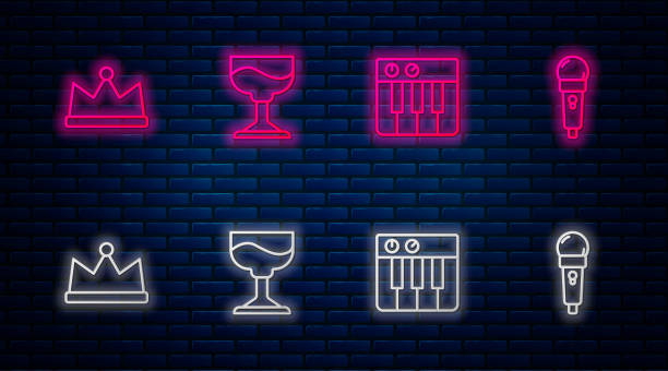 ilustrações de stock, clip art, desenhos animados e ícones de set line cocktail, music synthesizer, crown and microphone. glowing neon icon on brick wall. vector - food and drink industry audio