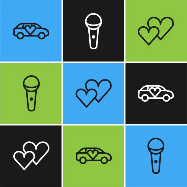 Vector illustration of Set line Limousine car, Heart and Microphone icon. Vector