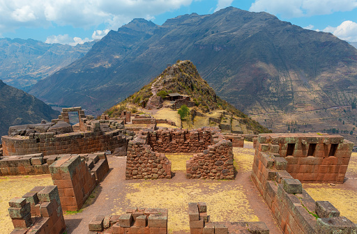 The Inca ruin of Pisac with its Sun Temple in the Andes mountains, Cusco, Peru.