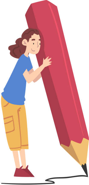 istock Tiny Girl Holding Huge Pencil, Girl Writing in Exercise Book Cartoon Style Vector Illustration 1284927946