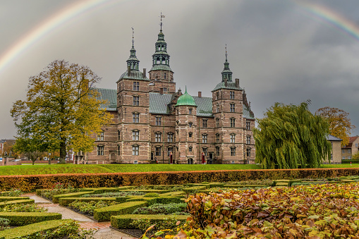 Copenhagen, Denmark; Nov. 01, 2020 - The renaissance spires of Rosenborg Castle overlooking the tranquil green oasis of the Kings Garden.
