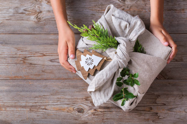 istock Creative zero waste Christmas concept, Japanese style furoshiki gift box 1284929205