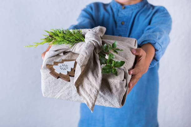 istock Creative zero waste Christmas concept, Japanese style furoshiki gift box 1284929228