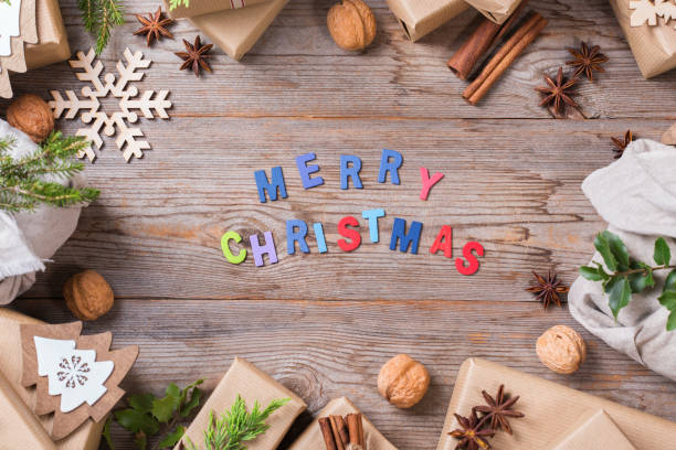 istock Creative zero waste Christmas concept, handmade gift boxes, furoshiki style 1284929231