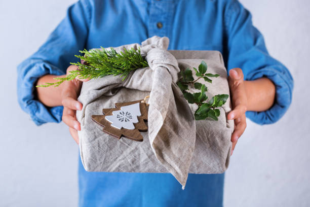 istock Creative zero waste Christmas concept, Japanese style furoshiki gift box 1284929233