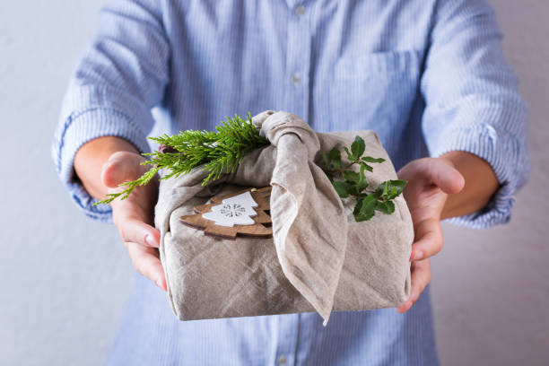 istock Creative zero waste Christmas concept, Japanese style furoshiki gift box 1284929234