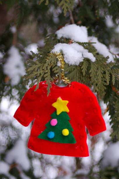 istock mini red ugly sweater with Christmas tree hanging in snow covered bush 1284929347