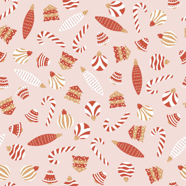 ilustrações de stock, clip art, desenhos animados e ícones de christmas seamless pattern on a pink background. funny and cute toys, candy canes, christmas trees. vector illustration for holiday cards, gift wrapping, textiles. red and white background. - hard candy candy pink wrapping paper