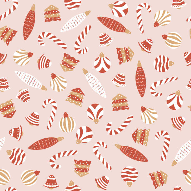 Christmas seamless pattern on a pink background. Funny and cute toys, candy canes, Christmas trees. Vector illustration for holiday cards, gift wrapping, textiles. Red and white background. Funny and cute toys, candy canes, Christmas trees. Christmas seamless pattern on a pink background. Red and white background. Vector illustration for holiday cards, gift wrapping, textiles. peppermints stock illustrations