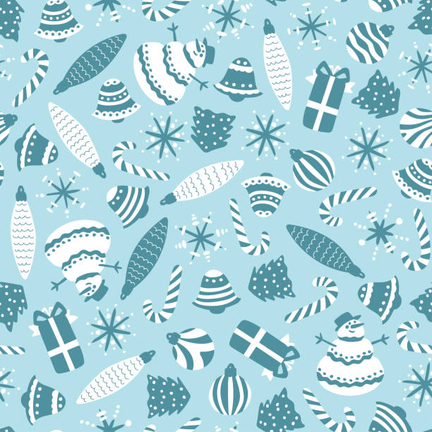 рождественский бесшовный узор на синем фоне. веселые и милые елочные игрушки, снежинки, снеговики. векторная иллюстрация для праздничных о� - hard candy candy mint wrapped stock illustrations